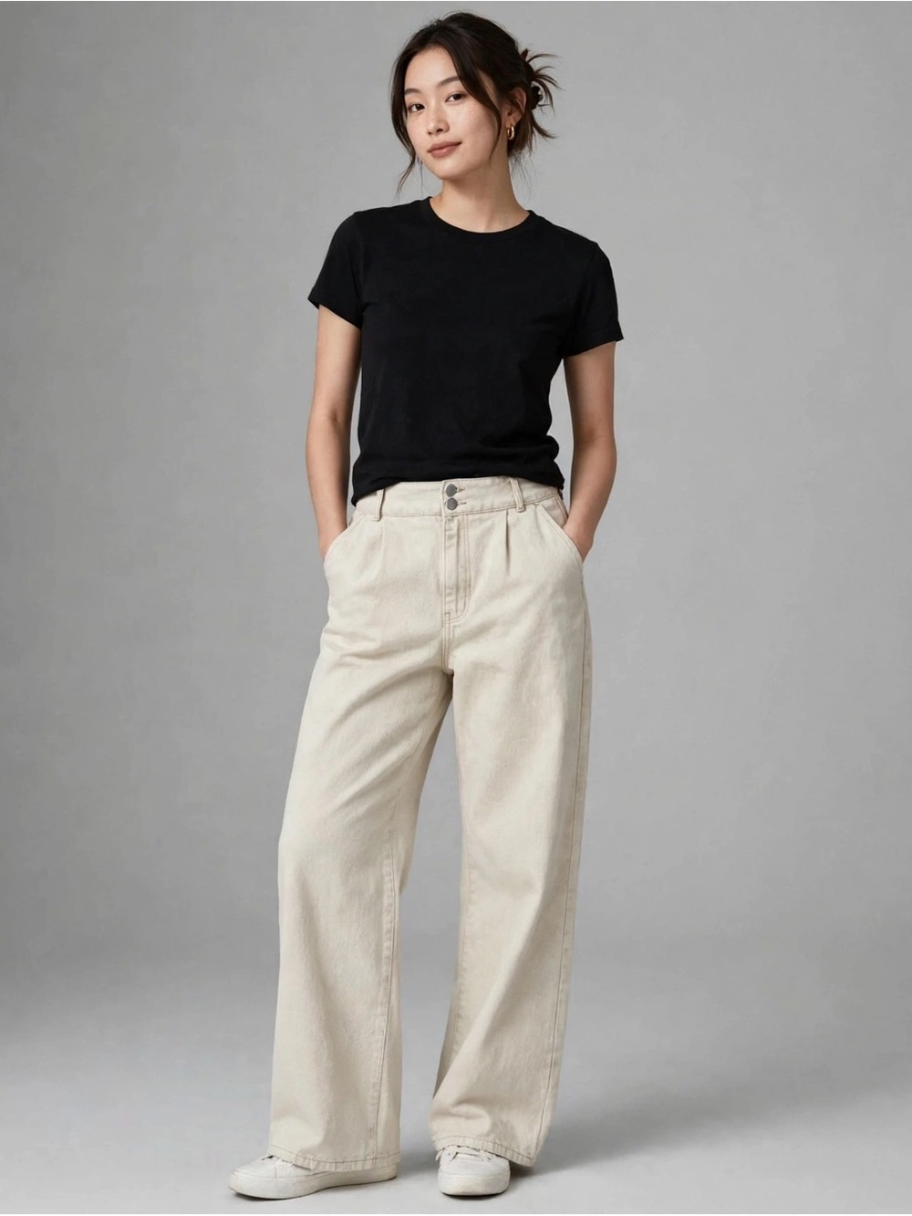 Shein Wide Leg High Rise Beige / Cream Double Button Jeans Size 30